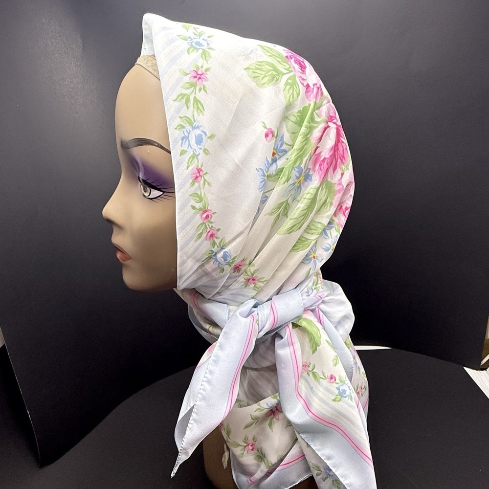 Vtg Scarf Floral Bouquet 36" Square Pink Roses Made in Italy for Avon 1988